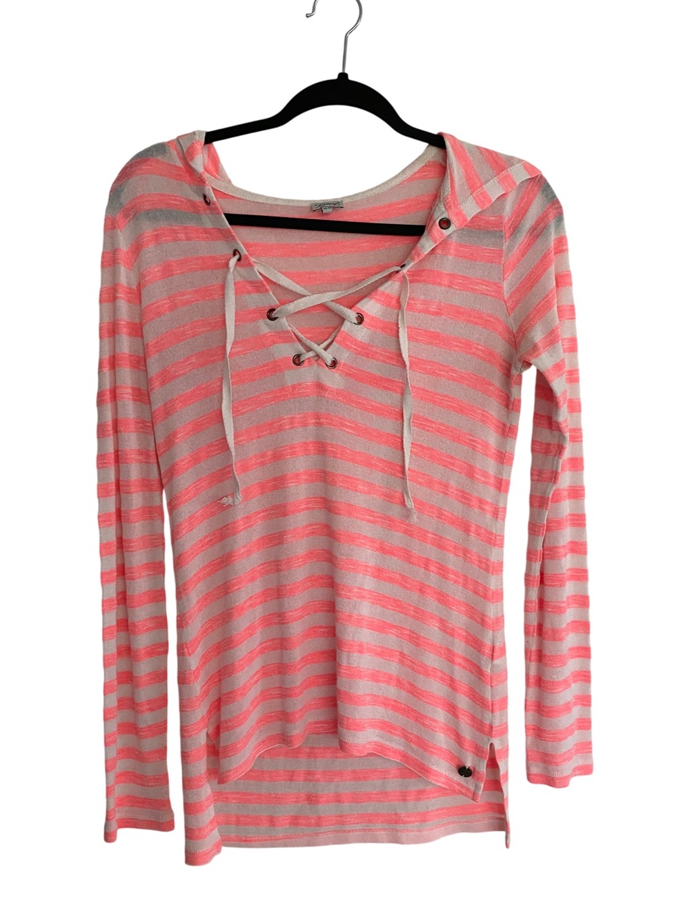 Y2K Hoodie Striped Knit Top Vintage Sweater Hooded Lightweight Lace Up Coastal
